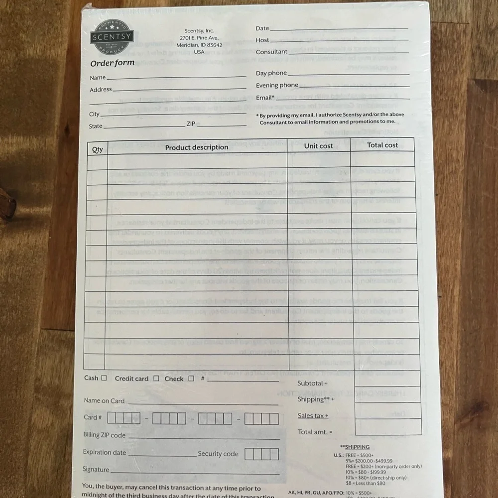 Scentsy White Order Form Pad